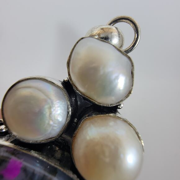 Handmade Silver Pendant with Pink Jasper Heart, Freshwater Pearls & 925 Setting - Picture 5 of 10